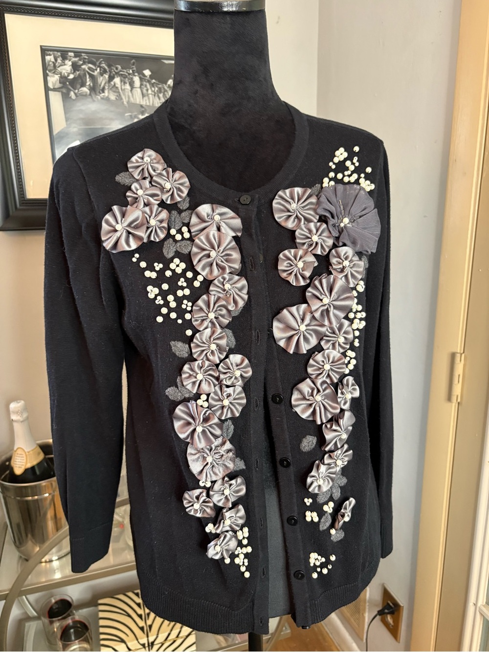 Christopher & Banks Black Cardigan with Gray Satin Floral Appliqués petite med